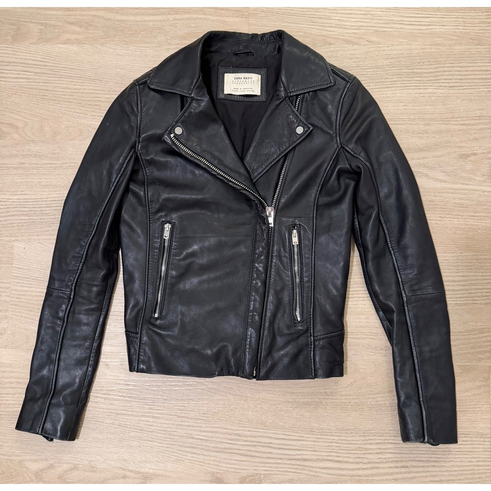 Zara Sheep Leather Moto Jacket Women S Black Biker Grunge Indie Luxury